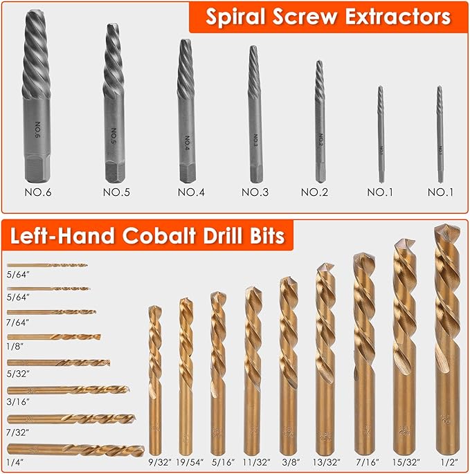 THINKWORK Broken Bolt Extractor Kit, 65 Pieces Easy Out Screw Extractor Set, Lug Nut Removal Tool with Left Hand Drill Bit Set for Removing Damaged, Frozen, Rusted, Rounded-Off Bolts, Nuts & Screws