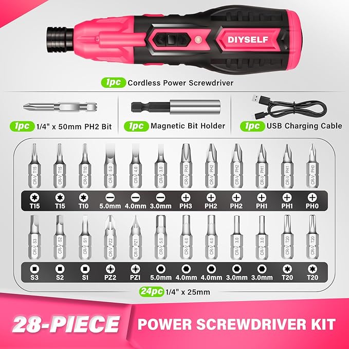 DIYSELF Electric Screwdriver Cordless Rechargeable 3.7V Power Screwdriver with LED Light 28-Piece Small Electric Screwdriver Kit Includes Bits, Magnetic Bit Holder, USB Charging Cable, Carrying (Pink)
