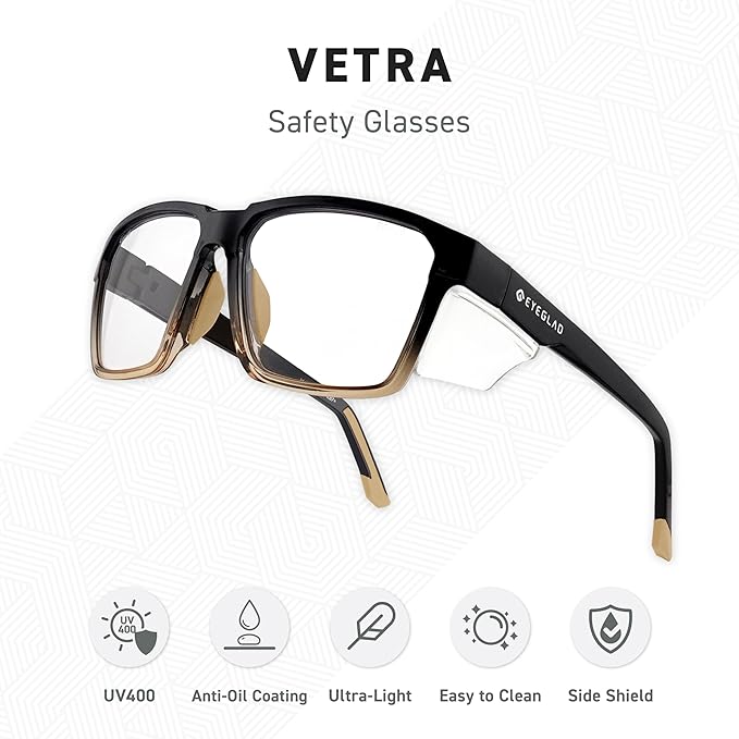VETRA Z87+ Certified Safety Glasses HD High Contrast UV400 Side Shield Anti-Oil Coating Stylish Eyewear