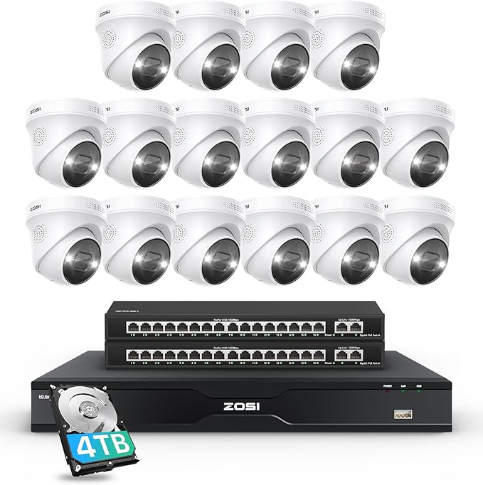 ZOSI 32 Channel 4K PoE Security Camera System, Face Person Vehicle Detection, 2 Way Audio, 16 x 8MP Spotlight Outdoor Indoor IP Cameras, 32CH 4K NVR with 4TB HDD for 24/7 Recording