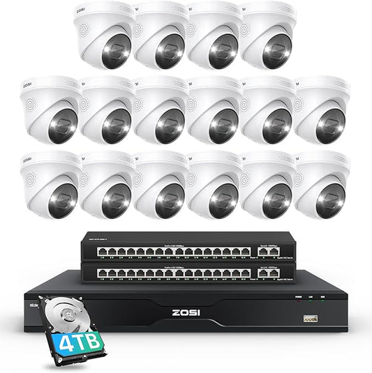 ZOSI 32 Channel 4K PoE Security Camera System, Face Person Vehicle Detection, 2 Way Audio, 16 x 8MP Spotlight Outdoor Indoor IP Cameras, 32CH 4K NVR with 4TB HDD for 24/7 Recording