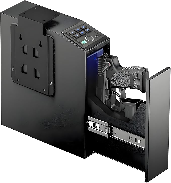 Biometric Fingerprint Mountable Gun Safe, Passcode, Keys and Quick Access Auto Pop，Gun Safe for Nightstand, Desk, Bed Side