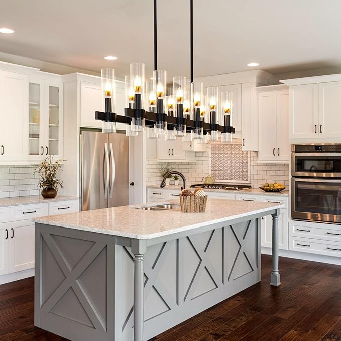 Modern Black Island Rectangle Chandelier with Clear Glass,48” Adjustable Height Modern Linear Light Fixture 12 Light Dining Room Chandelier Over Table for Dining Room Kithen Island