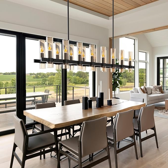 Modern Black Island Rectangle Chandelier with Amber Glass,63" Adjustable Height Modern Linear Light Fixture 16 Light Dining Room Chandelier Over Table for Dining Room Kithen Island