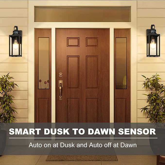 Pia Ricco Motion Sensor Outdoor Wall Lantern, Dusk to Dawn Lighting Sconce, Modern Matte Black Exterior Light Fixture, Waterproof Mount Porch Lights With Clear Glass for Garage, ETL Listed