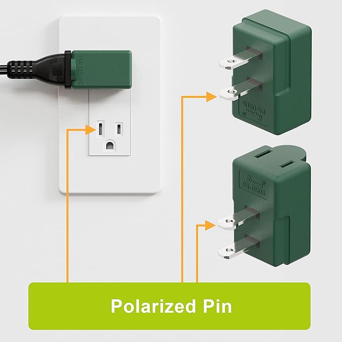 2 Prong 90 Degree AC Adapter, Plugrand NEMA 1-15P to 1-15R Left Angled Adapter, Polarized 2 Prong L Type Adapter, Vertical NEMA 2 Pin Power Adapter, PA-0506G Green Color