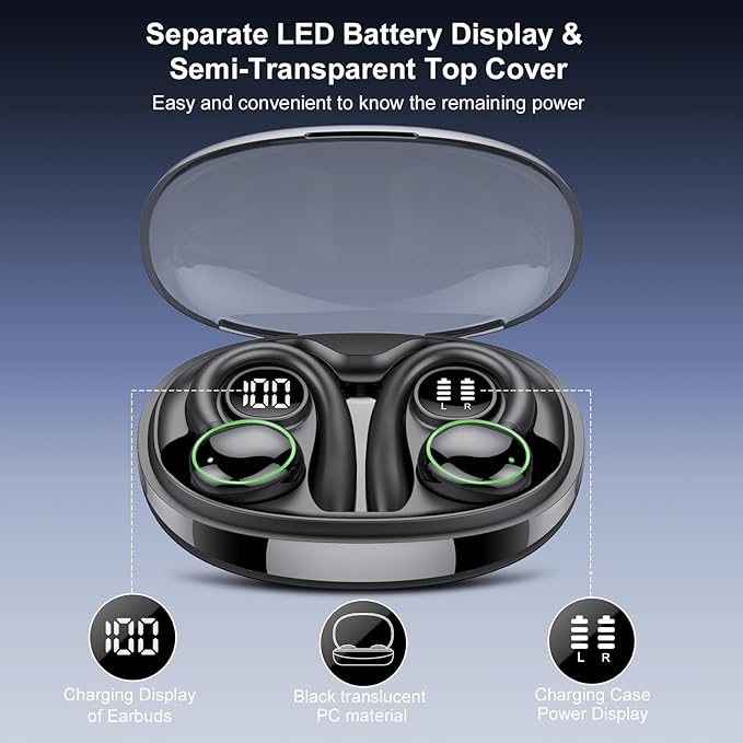 Wireless Earbuds, Bluetooth 5.3 Headphones Sport, Over Ear Buds With ENC Noise Cancelling Mic, 48H, Wireless Earphone With Earhooks, Stereo Deep Bass, IP7 Waterproof Headset for Workout Running, Black