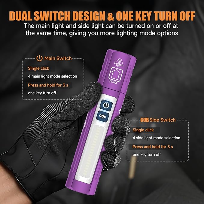 Rechargeable Tactical Flashlights High Lumens - Super Bright Small Powerful LED Magnetic USB C Flashlight, 8 Modes, Dual Button Waterproof Pocket Flash Light for Emergency, Car (2, Purple)