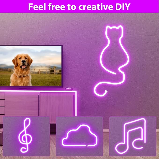 Lamomo LED Neon Lights Halloween, 16.4ft Purple LED Strip Light, 12V 0.39In/Cut Silicone Waterproof DIY Neon Rope Light for Bedroom Indoor Outdoor Decoration（Power Adapter not Included）