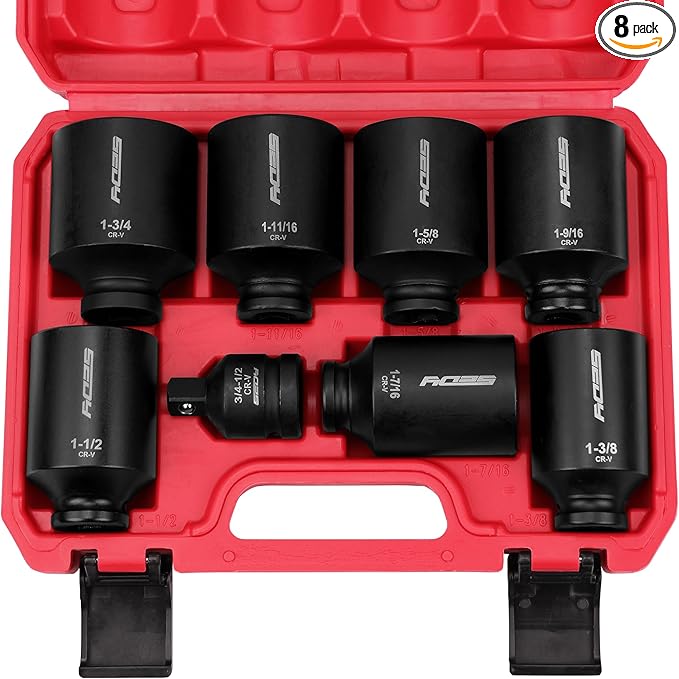 SAE Deep Impact Socket Set 8-Piece 1/2-inch Drive Wheel Axle Nut Wrench Large Sockets Standard Adapter 1-11/16 1-9/16 1-3/8 1-7/16 1-1/2 1-5/8 1-3/4 Imperial Spindle Joint Torque Bearing Locknut Truck