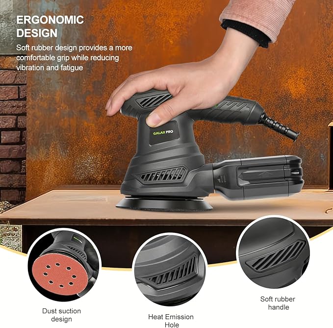GALAX PRO 2.5A Rotary Orbital Sander, 300W Electric Orbital Sander with 6 Various Speeds 6000-13000RPM,4.9-Inch with 20PCS Sandpapers,1 dust canister,Fit for Woodworking, Sanding, Polishing