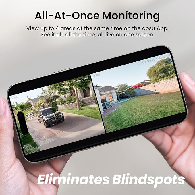 AOSU Solar Security Cameras Wireless Outdoor, 2K QHD Home Security System, 2 Cameras Kit with 166° Ultra-Wide View, Forever Power, Spotlight Camera, 32G Local Storage, No Monthly Fee