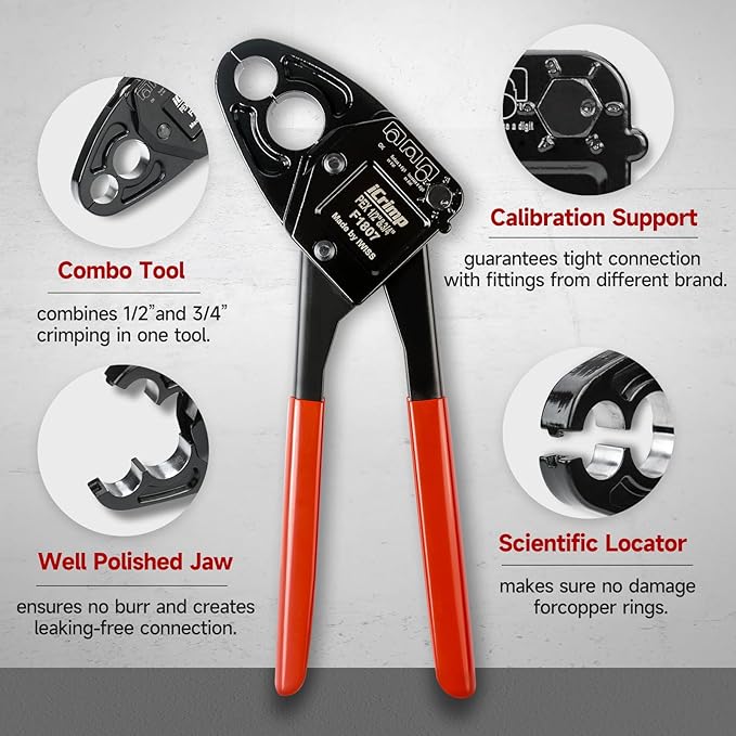 iCrimp Angle Head F1807 PEX Pipe Crimping Tool for Copper Rings - IWS-1234C(1/2&3/4-inch Angle Combo Crimper), Suitable for Tight Spaces