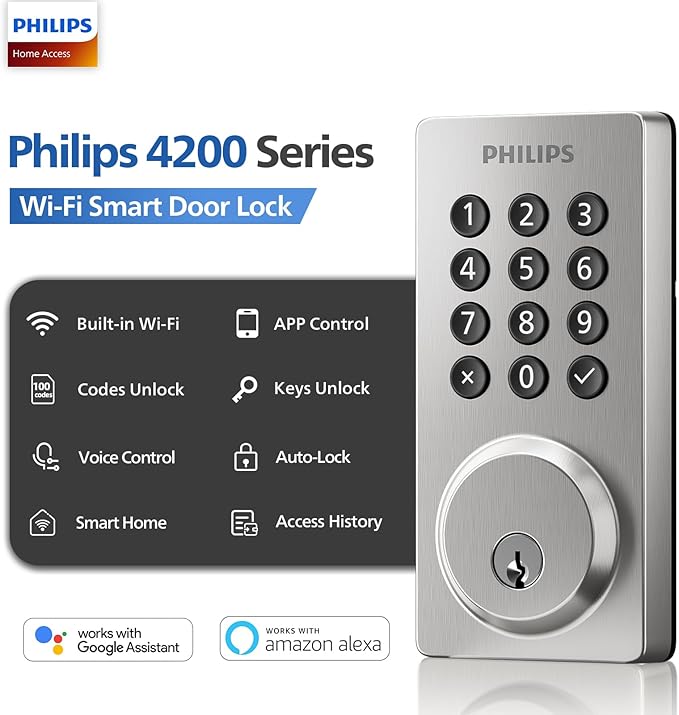 Philips WiFi Smart Lock, Smart Locks for Front Door, Keyless Entry Door Lock, Smart Lock Keypad Deadbolt, Buit-in WiFi, APP Remote Access, Auto Locking, Work with Alexa & Google Assistant