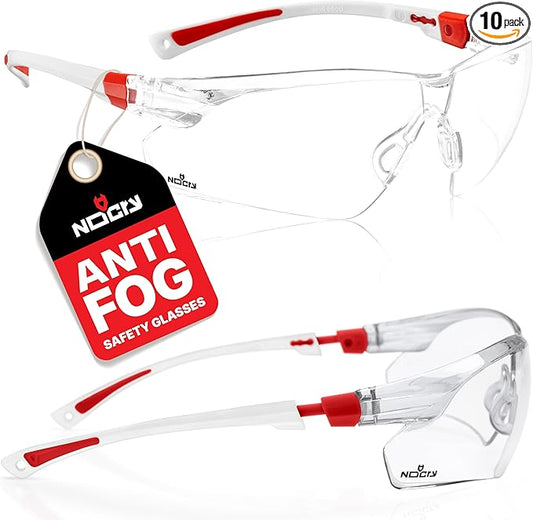 NoCry Safety Glasses with Clear Anti Fog Scratch Resistant Wrap-Around Lenses and No-Slip Grips, UV Protection. Adjustable, White & Red Frames (10 pack)