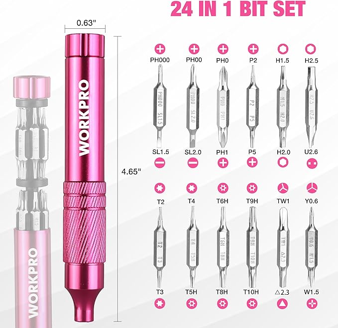 WORKPRO 24 in 1 Multi Bit Mini Screwdriver Set Magnetic, Manual Pen Screwdrivers, Tough S2 Steel Small Screwdriver Bits for Eyeglass, Watch, Laptop, Phone, Jewelry and Electronic, Pink
