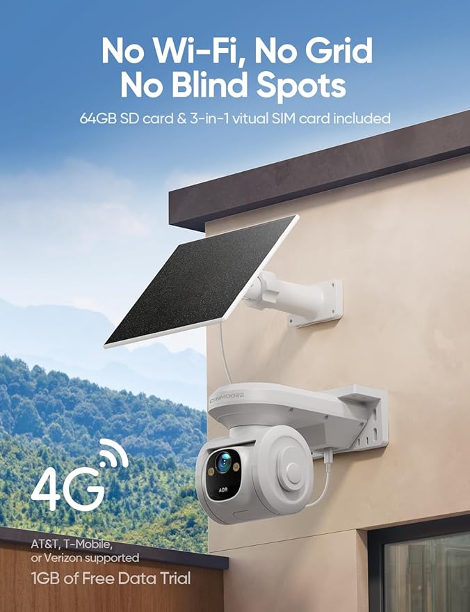 4G LTE Cellular Security Cameras Wireless Outdoor, 2.5K No WiFi Solar Powered Surveillance Camera for Home Security, PTZ AI Tracking Color Night Vision, SIM/64GB SD Card, Coldproof, AOR 24/7 Recording