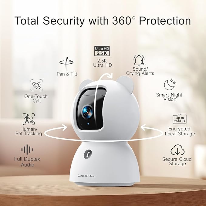 2.5K Security Camera Indoor, Non-Subscription AI Person/Pet/Cry Detection, 4MP Pet/Dog/Cat Camera w/Phone App, Pan Tilt 2.4GHz WiFi Cameras for Home Security, IR Night Vision, Full Duplex 2-Way Audio