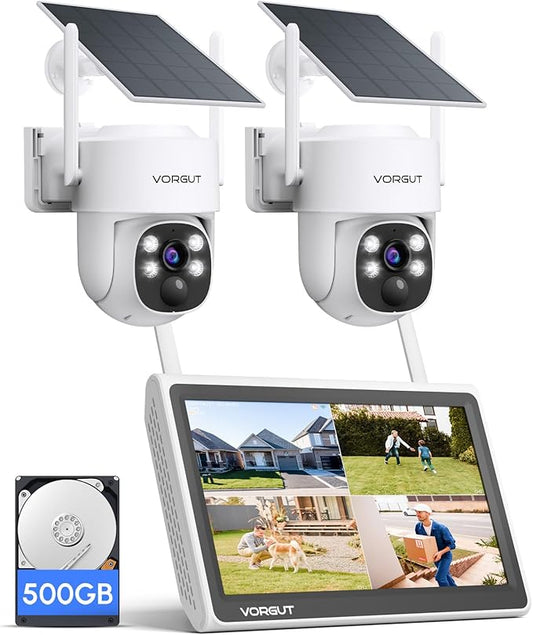 Solar Security Camera System Wireless Outdoor with 10CH 10" LCD Monitor NVR,2.5K 4MP 2PCS Dome PTZ Solar Camera for Home Security,Solar Powered Panel,Motion Record (500G HDD)