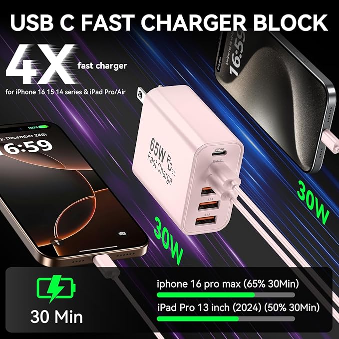 USB C Charger Block, 65W GaN 6 Port USB C Fast Wall Charger 30W Type C Charging Blocks, 3USB C+3USB A PPS/PD 3.0 Multiport Charging Cube for iPhone 16 15 14 13 Pro Max,for Galaxy S25 S24,2 Pack,Pink