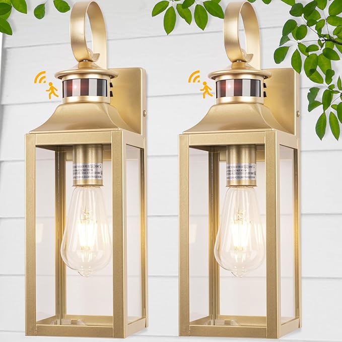 Motion Sensor Outdoor Wall Lights 2 Pack - Gold Dusk to Dawn Light Fixtures, Modern Exterior Wall Sconces, Large Outside Lamps for House, Garage Wall Lanterns 16"