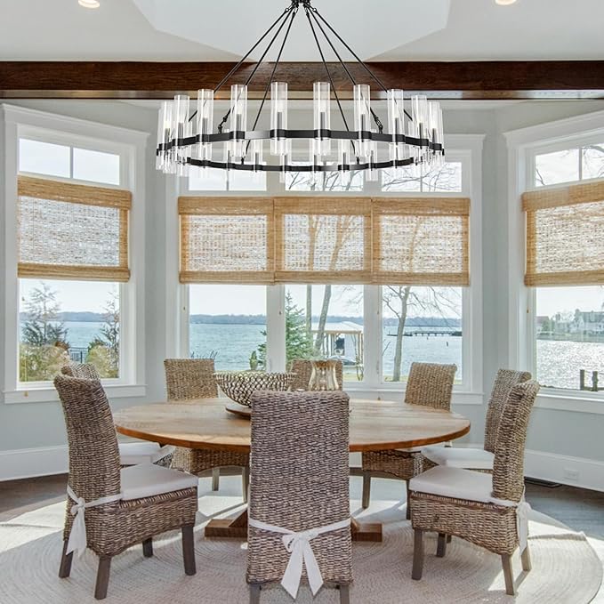 60 Inch Black Wagon Wheel Chandelier, 24 Lights with Glass Shades Light Fixtures, Large Modern Farmhouse Pendant Light for Dining Room, Living Room, Kitchen, Foyer, High Ceilings