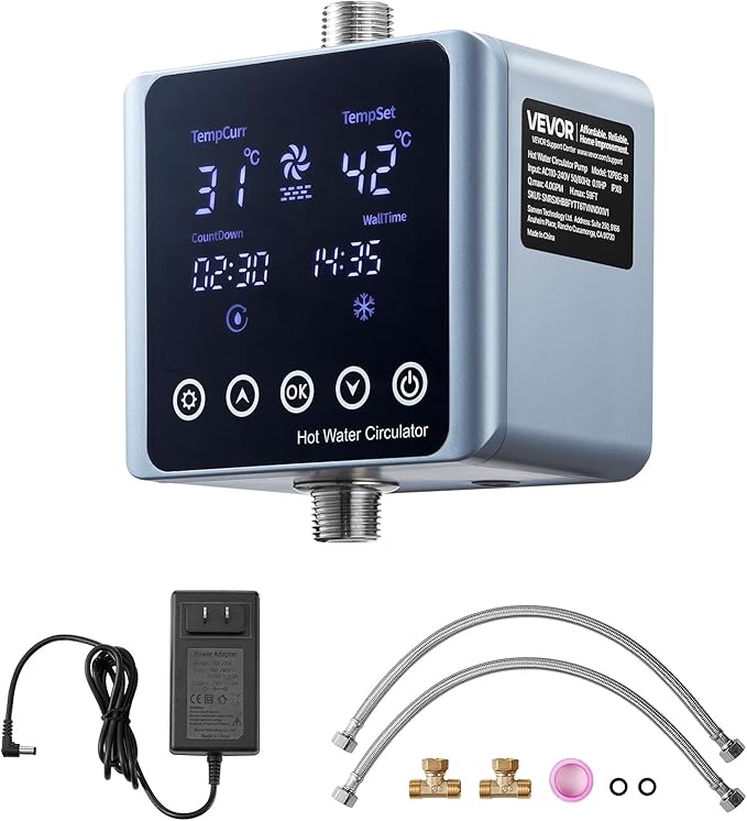 VEVOR Digital Smart Instant Hot Water Recirculating Pump Kit, with Built-in Thermostat, Timer, Digital Screen, Under Sink Recirculation Circulation Circulator Pump System, for House Water Heaters