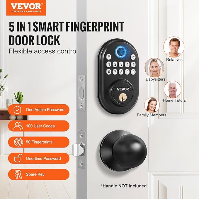 VEVOR Fingerprint Door Lock, with Fingerprint/Keypad Code/Key, One-Time and Anti-Peeking Password, Silent Mode, Constant Unlock Mode, Aluminum Alloy Panel, Electronic Keypad Deadbolt for Entry Doors