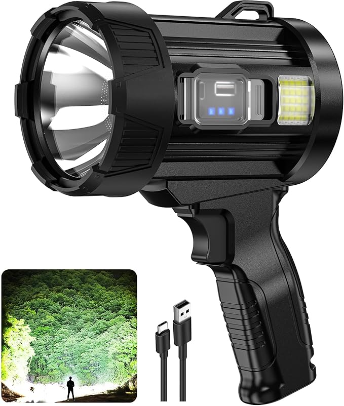 Rechargeable Spotlight, 90,000 Lumens Super Bright Handheld Led Flashlight, Outdoor Spot Light with Cob Light and Solar Panelsfor Boating Camping