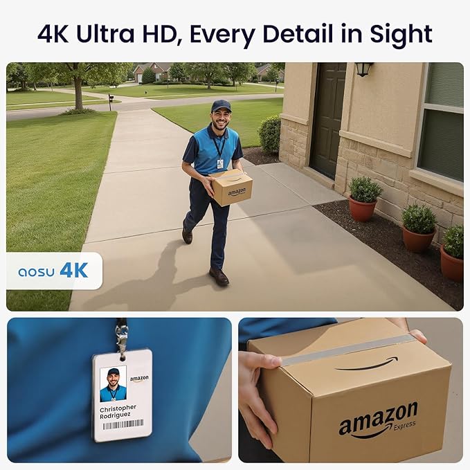 AOSU 4K Solar Security Cameras Wireless Outdoor, Expandable to 16TB (32GB Built-in) HomeCortex Home Security System + 4 Extra Solar Panel, AI Face Recognition & Behavior Detection, 4-Cam Kit