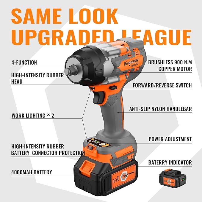 900N.m Brushless Cordless Impact Wrench, 1/2" Electric Impact Gun, 4-Function Power Impact Driver With 25pcs Tool Accessories, 2pcs 4.0Ah Batteries, LED Lights, Variable Speed, For Housework, Repair