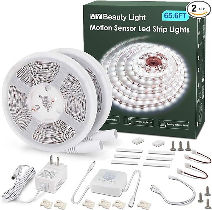 MY BEAUTY LIGHT Motion Activated LED Strip Lights, 65.6ft LED Light Strip with Day or Night 2 Lighting Modes,3 Timing Off Modes,Bright White 24v Plug-in LED Rope Lights for Under Cabinet,Kitchen,Room