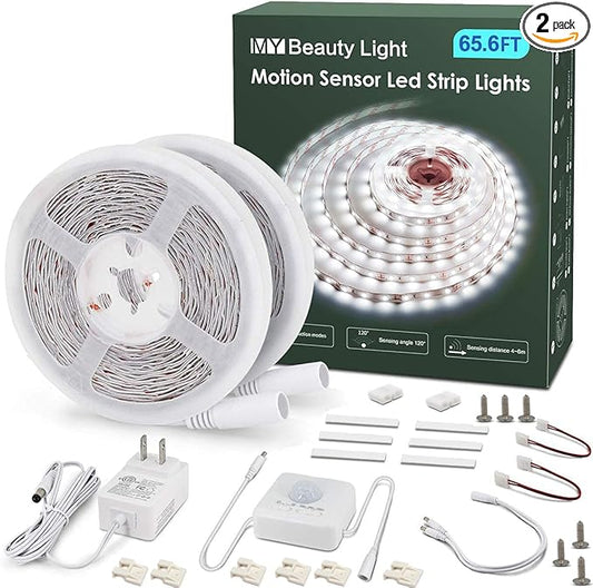 MY BEAUTY LIGHT Motion Activated LED Strip Lights, 65.6ft LED Light Strip with Day or Night 2 Lighting Modes,3 Timing Off Modes,Bright White 24v Plug-in LED Rope Lights for Under Cabinet,Kitchen,Room