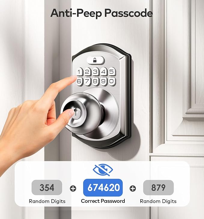 TEEHO Keyless Entry Keypad Door Lock with Handle, Electronic Digital Smart Locks for Front Door, Easy to Install Keypad Deadbolt with Code for Bedroom, Anti-Peeping Password - Nickel