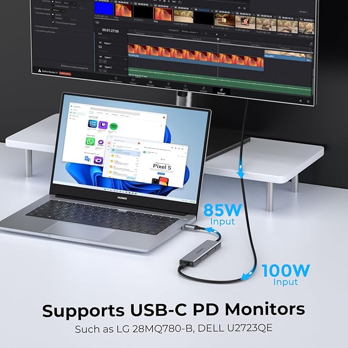 USB C Video Output Hub, Dual Monitor Docking Station Supports USB-C PD Monitor, Thunderbolt Splitter for Portable Screen, Video Output 4K@30-60Hz, 4 Port Gen2 10Gbps, PD 100W, with Type C Video Cable