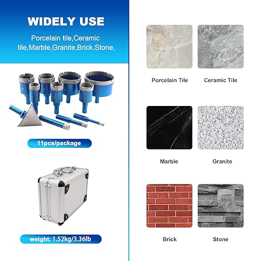 Diamond Core Drill Bit Set - BRSCHNITT Diamond Hole Saw Kit for Porcelain Tile Ceramic Marble Granite Drilling Triangle Shank 11pcs 6/8/10/20/25/28/32/35/50/65mm bits &2“ Chamfer bit