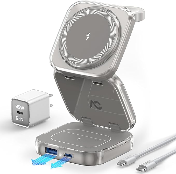 5-in-1 Wireless Charger for MagSafe, AC ISLAND Portable Travel Charging Station, 15W Max Fast Foldable Magnetic Stand, Evolved for iPhone 17/16/15/14/13 Series, Apple Watch, AirPods (with 35W Adapter)