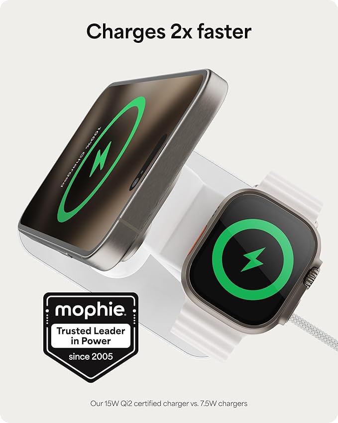 Mophie Snap+ 3-in-1 Wireless Charging Stand - MagSafe & Qi2 Certified, Compatible with iPhone 16/15/14/13/12, Apple Watch, AirPods - Multi-Device Magnetic Charging Station, Eco-Friendly Design, White