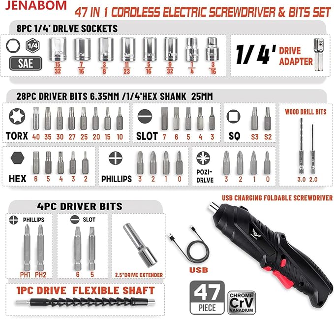 Electric Screwdriver, 3.6V Cordless, 44pcs Screwdriver Bit Set, Front LED Light, Flexible Shaft, Micro USB, Carrying Case, Ideal for Home Improvement & Furniture Assembly