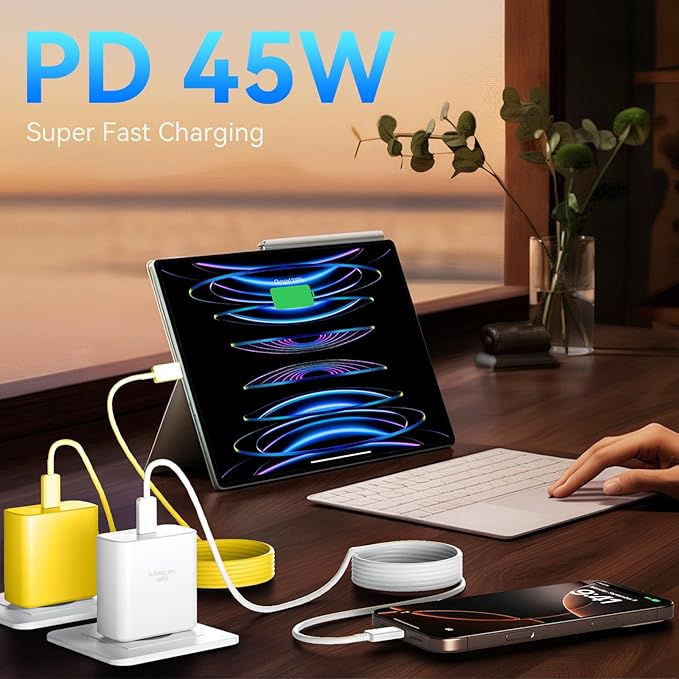 Phone 16 Pro Max Charger Fast Charging, 45W Super Fast USB C Charger Block with 10FT Long Charging Cord Cable for Phone 16 Pro Max/16 Pro/16/16 Plus,15 Pro Max/15 Pro/15,Android Phone-White&Yellow
