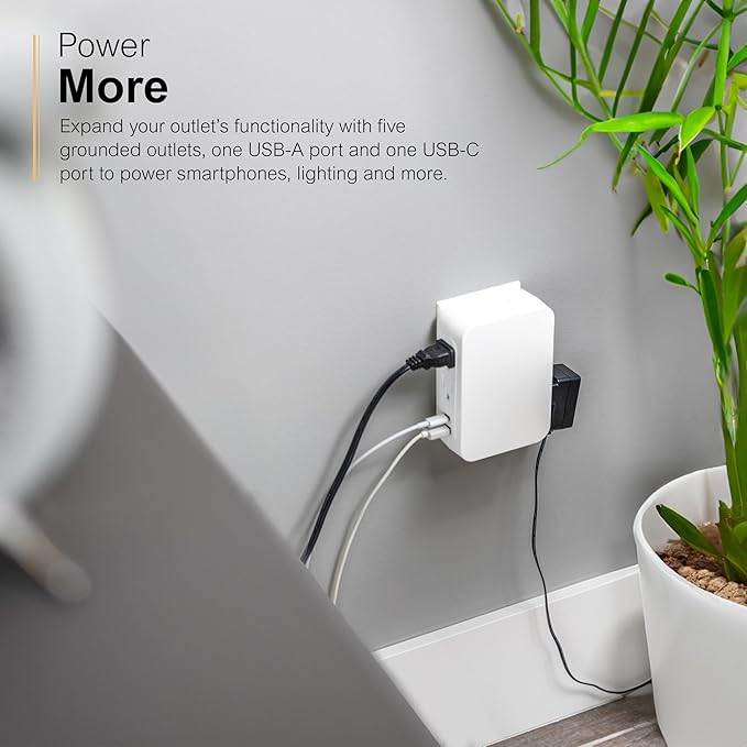 GE USB C 5 Outlet Extender, Side-Access, Wall Tap Surge Protector, Multi-Plug, USB A, 3-Prong, Secure Install, White, 83503