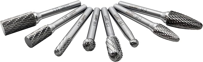 Carbide Burrs Set 8pcs with 1/4" Shank Double Cut Solid Carbide Rotary Burr Set for Die Grinder Drill,Metal Carving, Polishing,Engraving,Drilling