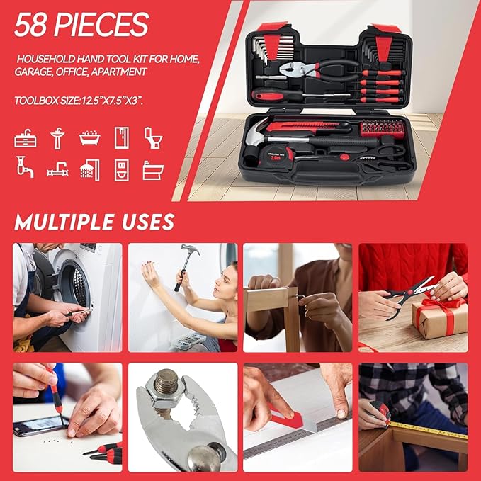 58 Piece Household Tool Set, General Household Hand Tool Kit with Plastic Toolbox Storage Case, All Purpose Household Tool Kit for Home, Garage, Office and College Dormitory Use, Red