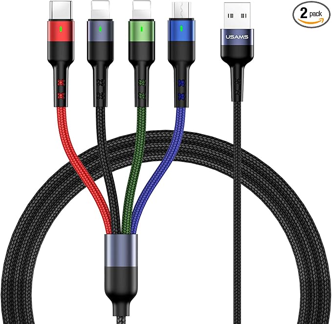 Multi Charging Cable USAMS 2Pack 4FT 4 in 1 Nylon Braided USB Fast Charging Cord Adapter Type C Micro Port Compatible Cell Phones Tablets and More