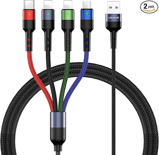 Multi Charging Cable USAMS 2Pack 4FT 4 in 1 Nylon Braided USB Fast Charging Cord Adapter Type C Micro Port Compatible Cell Phones Tablets and More