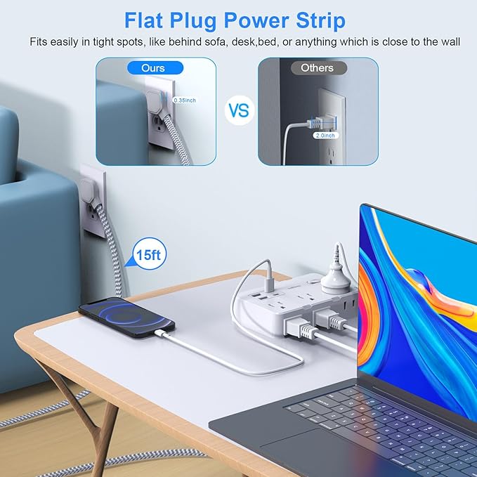 Surge Protector Power Strip 15 Ft Cord, Ultra Thin Flat Extension Cord with 6 Outlets 4 USB Ports(2 USB C), Flat Plug Power Strip, Braided Power Cord for College Dorm Room Essentials