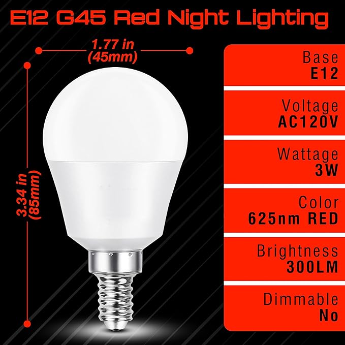 E12 Candelabra Red Light Bulbs for Sleep 25w-40w Equivalent, 625nm Red Light Bulbs 3W 300LM, G45 Blue Light Blocking, E12 Small Base for Bedroom Porch Christmas Holiday Festival, Non-Dimmable, 2 Pack