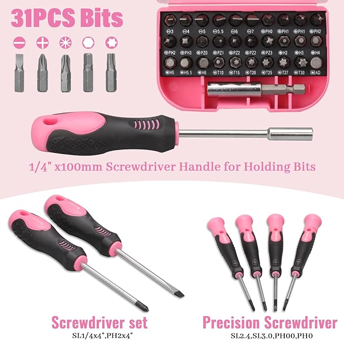 450 Piece Pink Tool Set with Chrome-Vanadium Steel Tools - Home, Car & Workshop Repair Kit for Women, Non-Slip Grip, Snap -Tight Toolbox with Drawer
