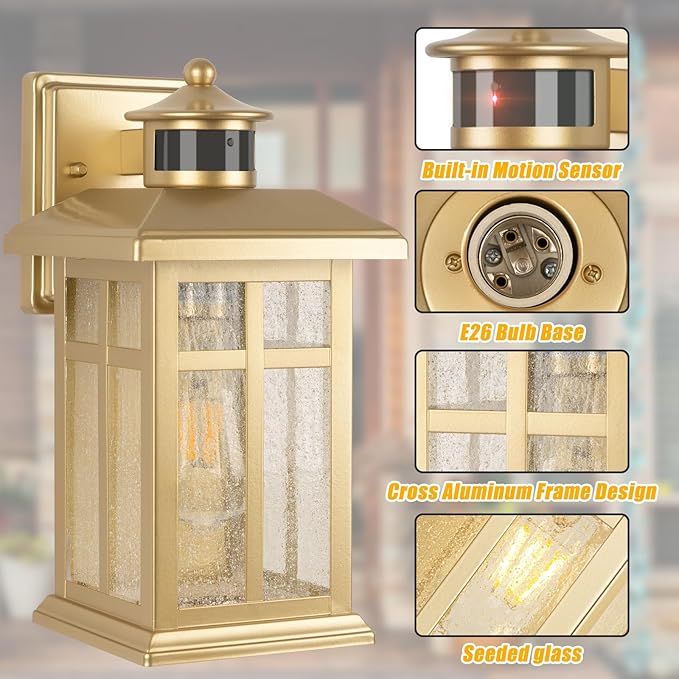 Modern Motion Sensor Outdoor Light Fixture, Gold Waterproof Dusk to Dawn Exterior Light for House, Garage, Garden