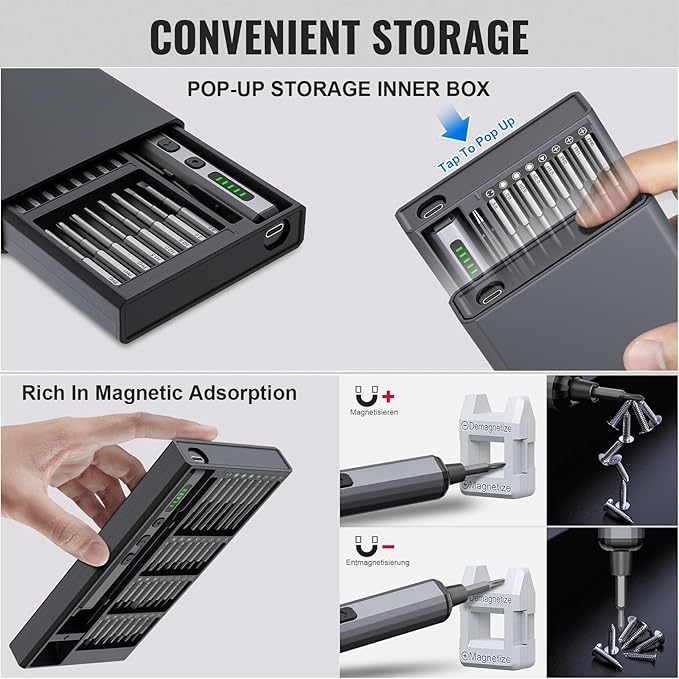 Mini Electric Screwdriver 3.7V, Cordless Screwdriver Set, Precision Electric Screwdrivers 72-in-1 Magnetic Bits, Rechargeable Portable Repair Tool Kit for Electronics Laptops Glasses Clocks